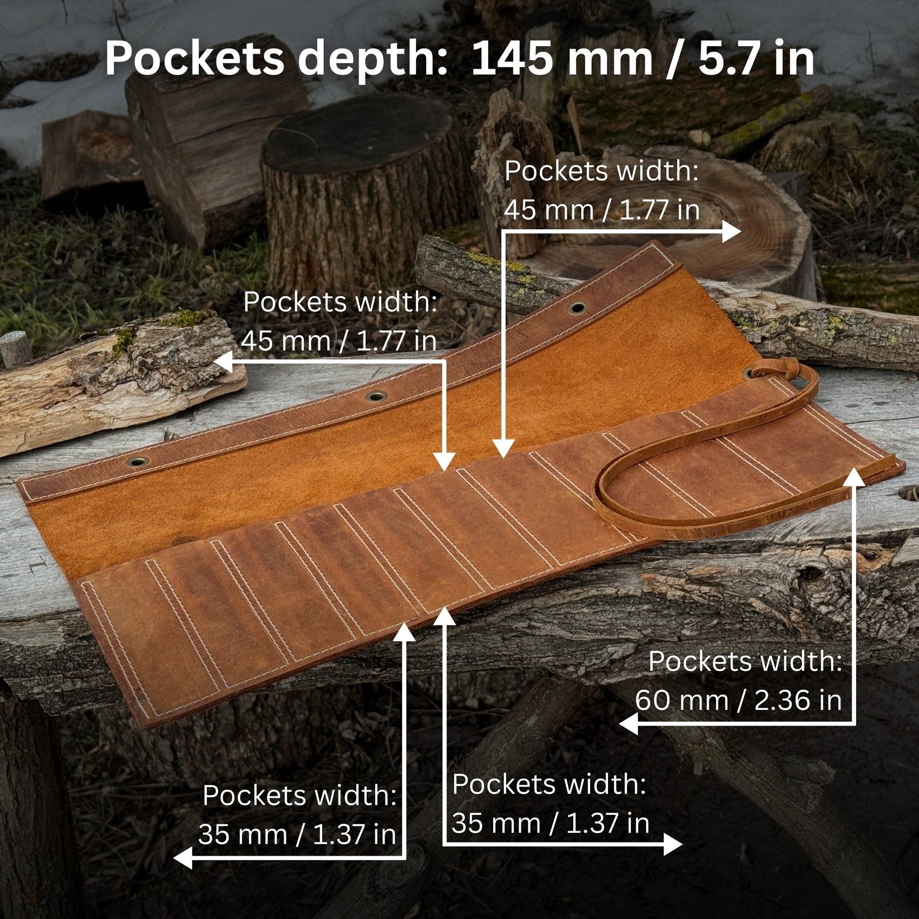 10 Pocket Leather Chisel Roll detail view by Sharky Forged Steel Tools
