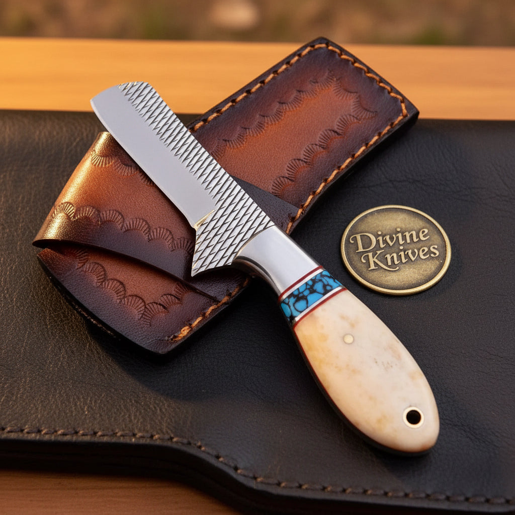Turquoise & Bone Rasp Bull Cutter Knife with product detail, view 3