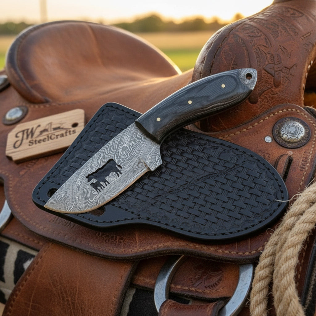 Longhorn Cattle Cross Ranch Knife 6" Handmade Damascus Black Micarta Handle