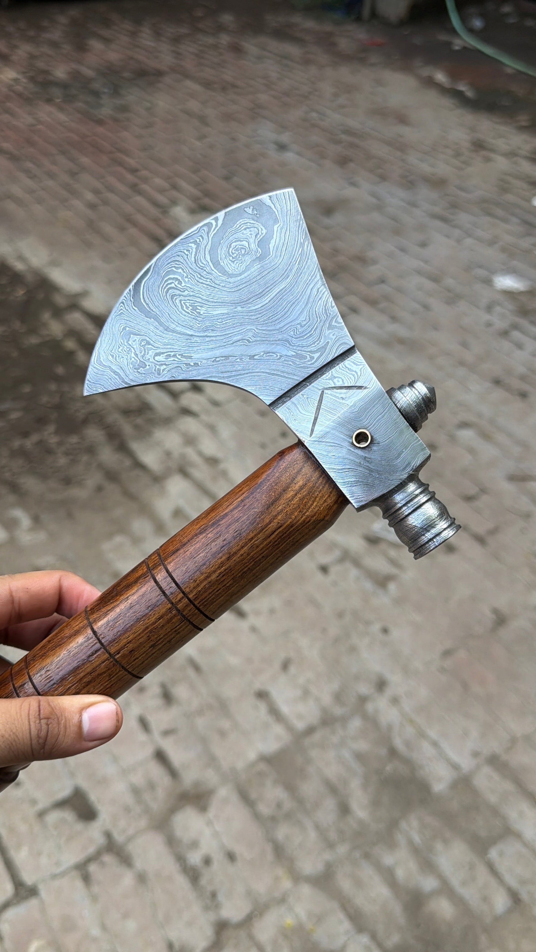 Hand Forged Damascus Smoking Axe with Ringed Hardwood Handle and Leather Sheath | JW SteelCrafts detail view by JW