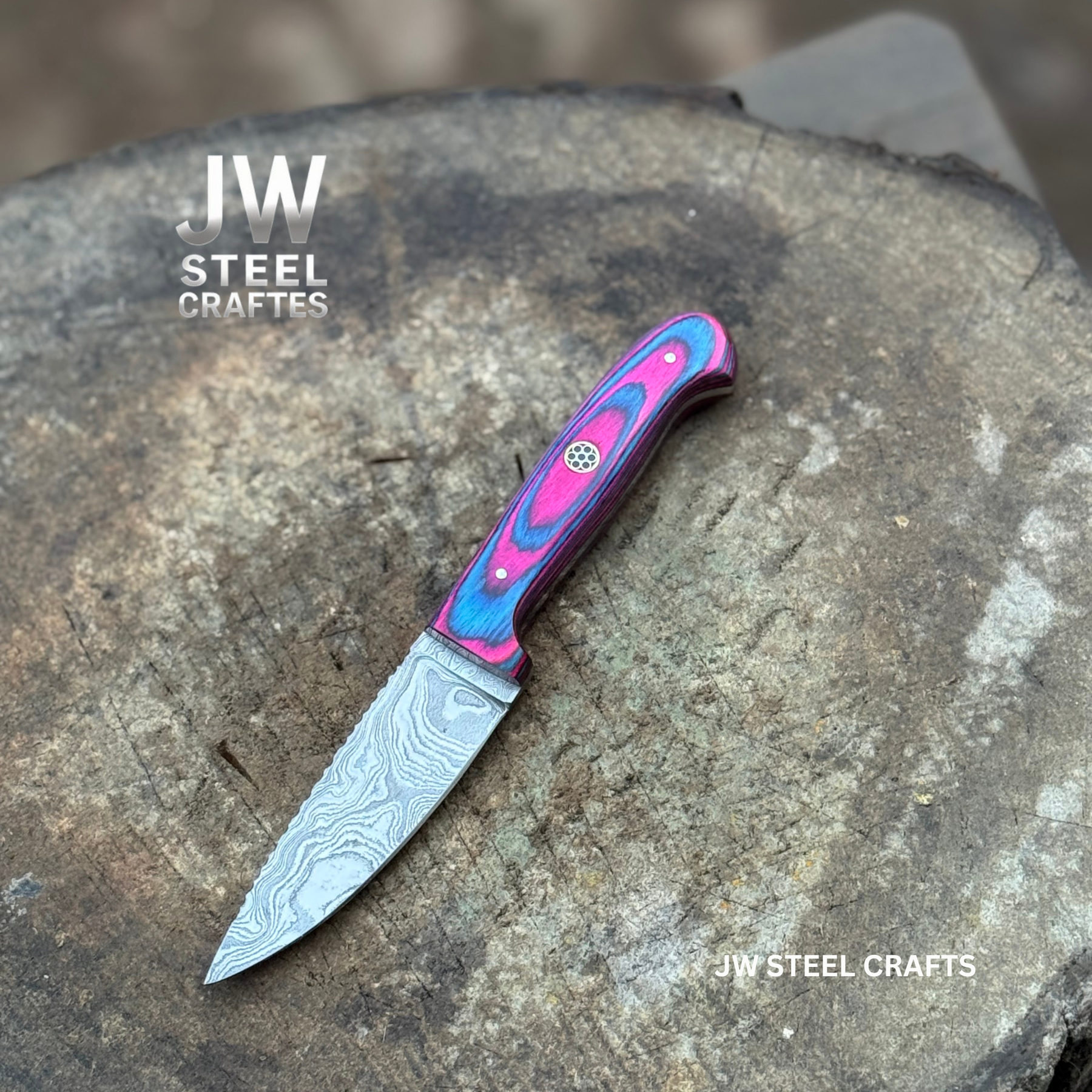 Twilight Resin Bushcraft Knife 8" Pink & Blue Pakka Wood Handle | JW SteelCrafts detail view by JW SteelCrafts