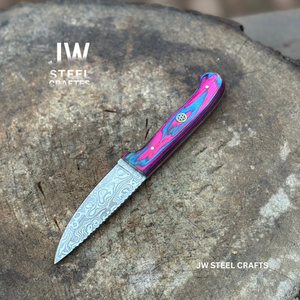 Twilight Resin Bushcraft Knife 8" Pink & Blue Pakka Wood Handle | JW SteelCrafts detail view by JW SteelCrafts