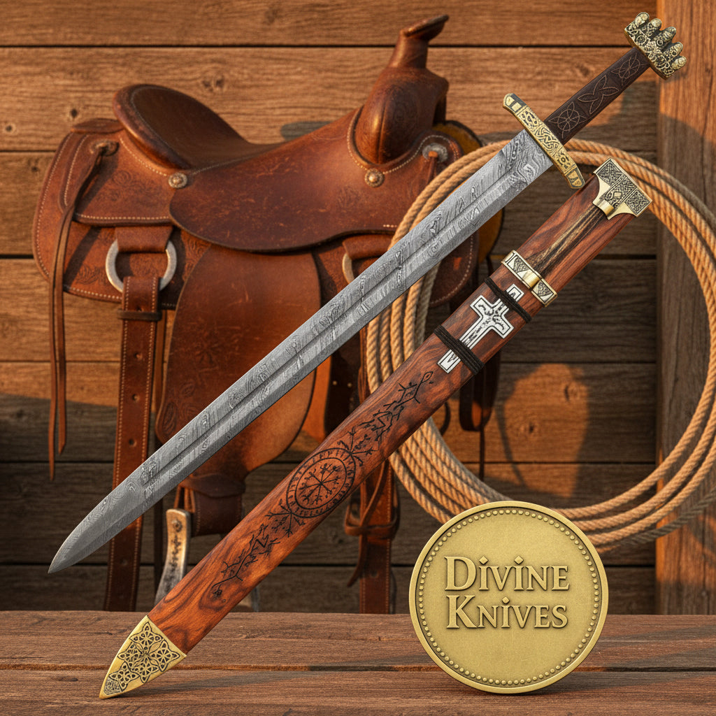 Gunnar Damascus Sword with Fullered Blade and Carved Vegvisir Scabbard by Divine Knives