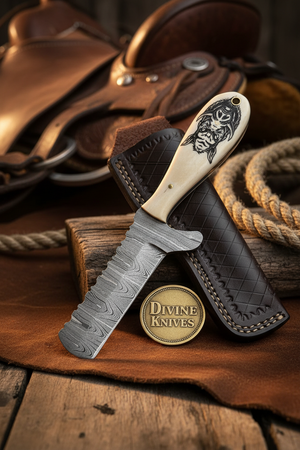 Scrimshaw Camel Bone Bull Cutter with Hand Engraved Bone Handle by Divine Knives