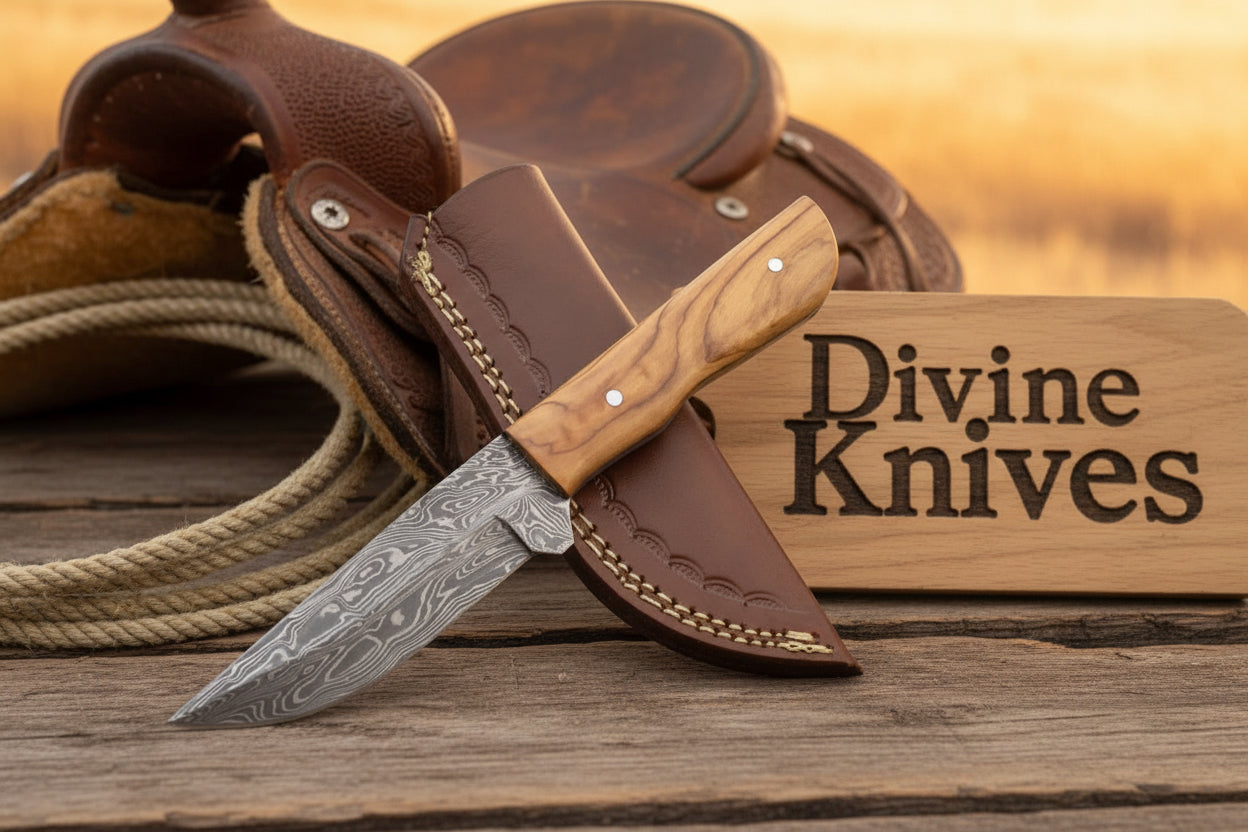 Natural Olive Wood Damascus Knife with Included Leather Sheath by Divine Knives