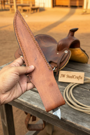 Handmade 13 Inch Overall Damascus Steel Fillet Knife – Full Tang Fishing Knife with Hardwood Handle and Leather Sheath.