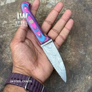 Twilight Resin Bushcraft Knife 8" Pink & Blue Pakka Wood Handle | JW SteelCrafts detail view by JW SteelCrafts