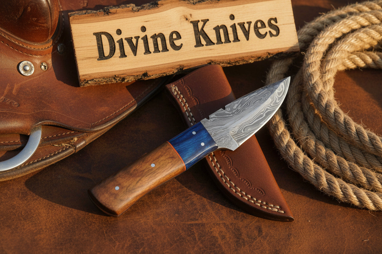 Two-Tone Blue Accent Damascus Knife with Warm Tan Wood Handle by Divine Knives
