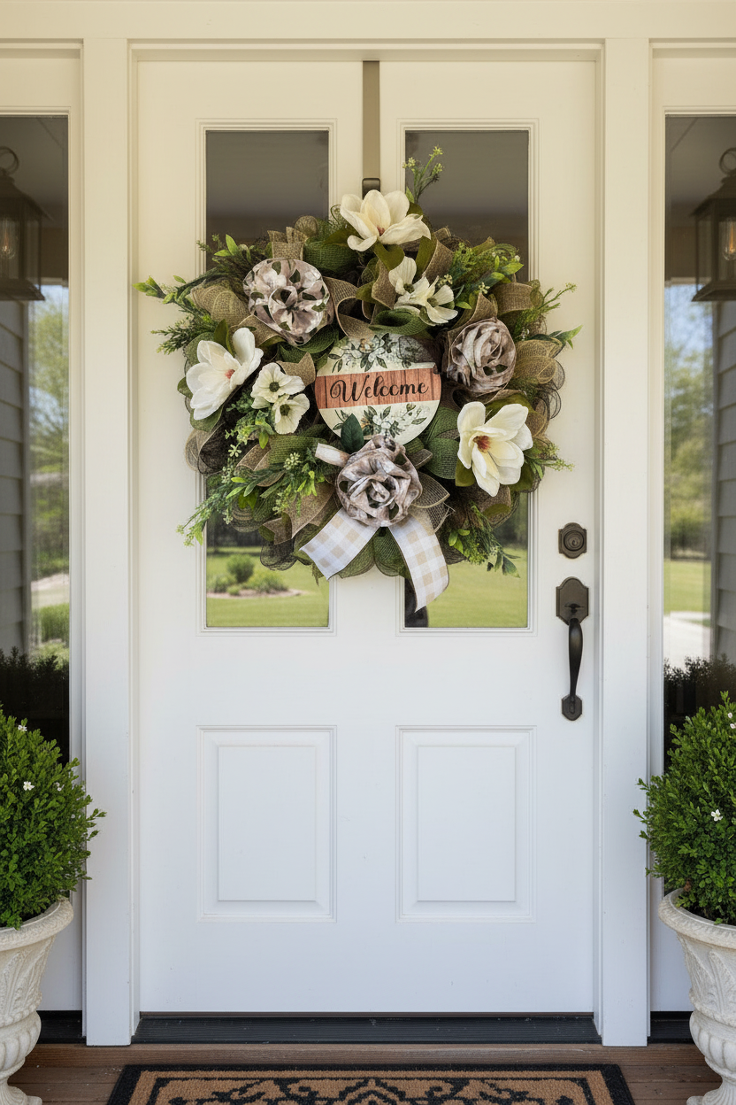 Everyday| Farmhouse Welcome Wreath| Cream Flowers, Burlap Mesh, Greenery detail view by Bouge Creations