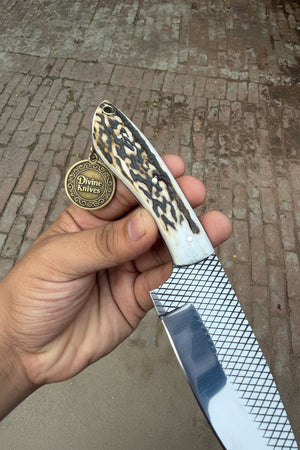 Stag Horn Rasp Skinner Knife with Included Tooled Sheath detail view by Divine Knives