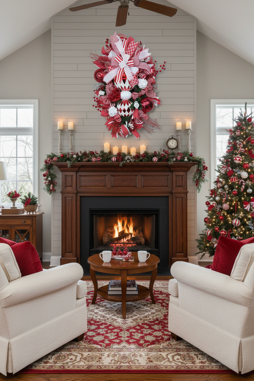Elegant Stacked Ornament Christmas Wreath | Handmade Red & White Holiday Front Door Wreath | Luxury Christmas Door Hanger