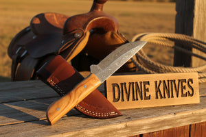 Natural Olive Wood Damascus Knife with Included Leather Sheath detail view by Divine Knives