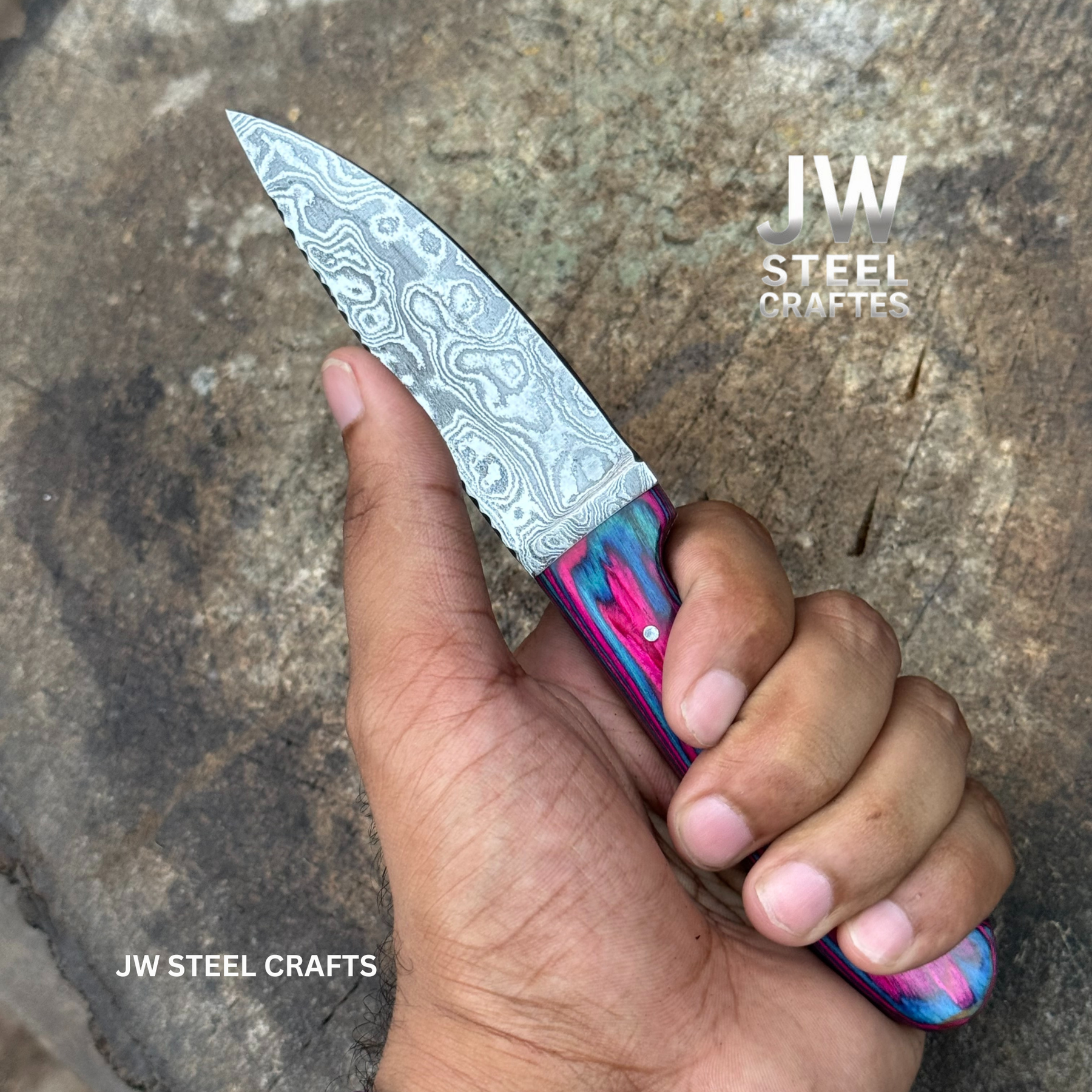 Twilight Resin Bushcraft Knife 8" Pink & Blue Pakka Wood Handle | JW SteelCrafts detail view by JW SteelCrafts