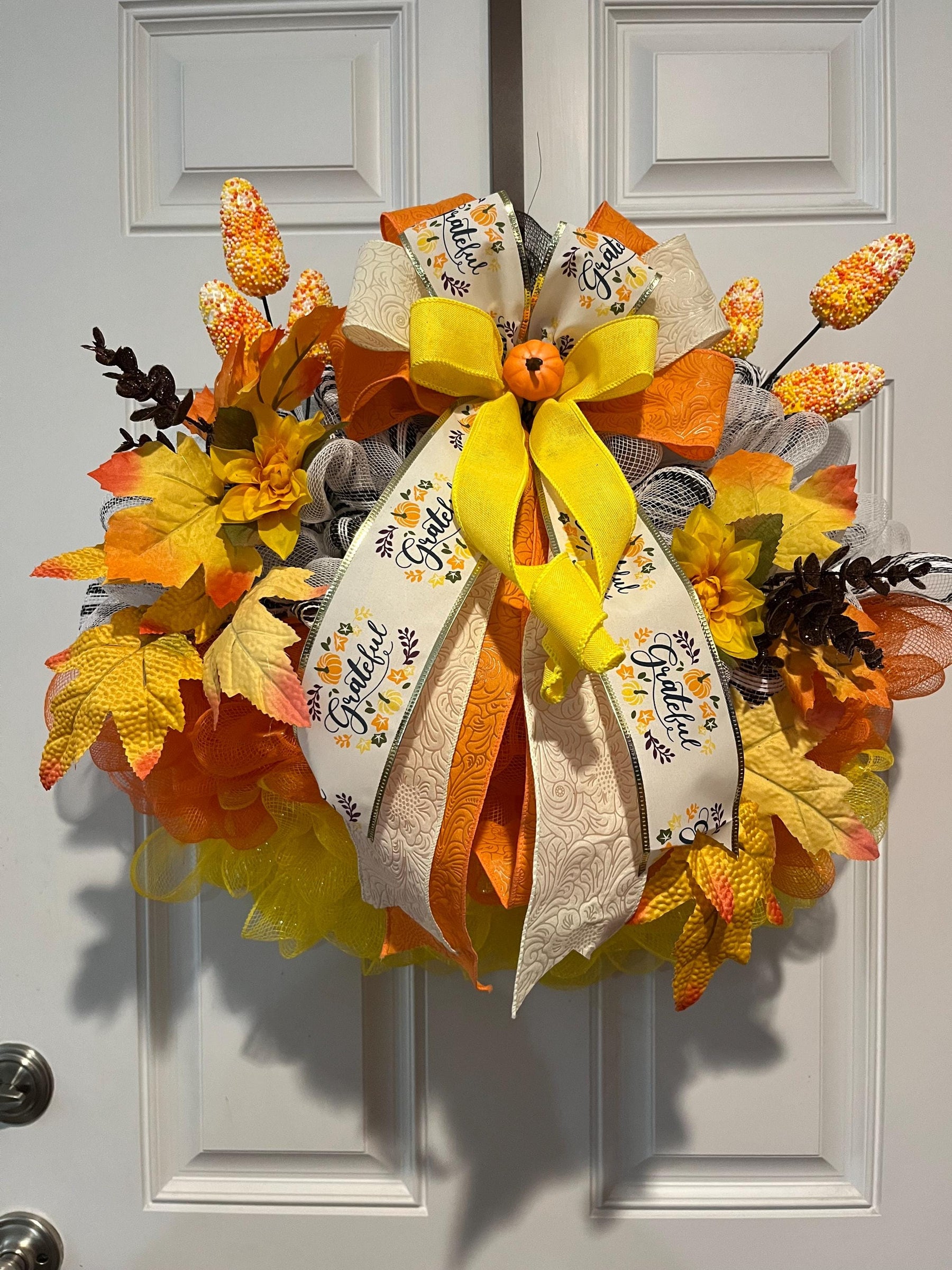 Give Thanks Thanksgiving Wreath | Pumpkins & Autumn Leaves by Bouge Creations, view 4