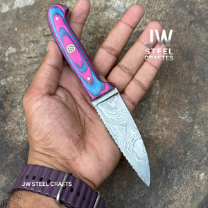Twilight Resin Bushcraft Knife 8" Pink & Blue Pakka Wood Handle | JW SteelCrafts detail view by JW SteelCrafts