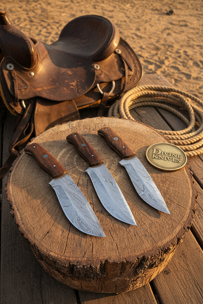 Handmade Rosewood Handle Damascus Chef Knife Set – 3 Pieces by Divine Knives