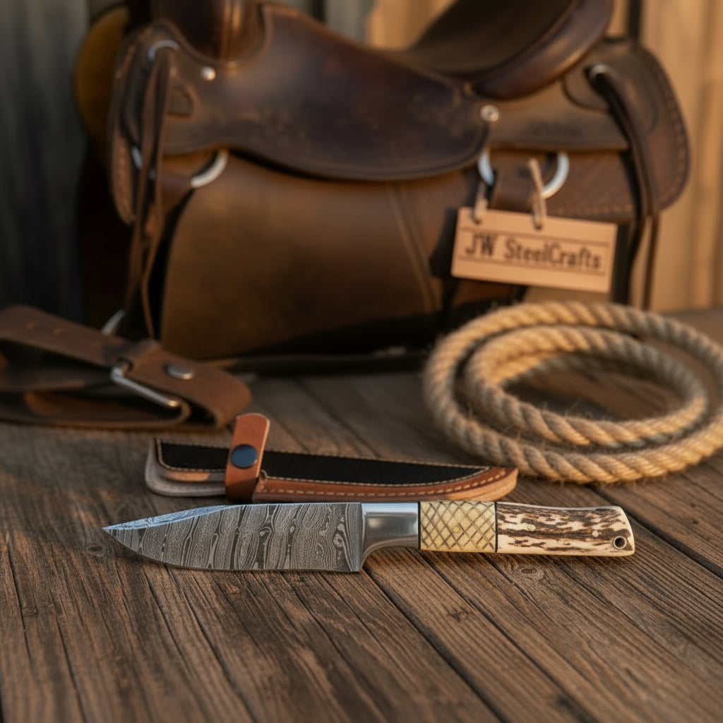 Frontier Stag Damascus Hunting Knife 9" by JW SteelCrafts, product view 4