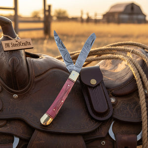 Backwoods Trapper Knife Two Blade Pink Bone Handle Steel Bolster Slip Joint detail view by JW SteelCrafts