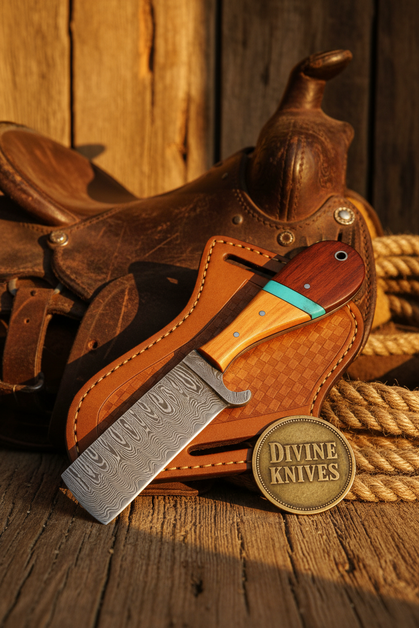 Turquoise Ridge Damascus Bull Cutter with Dual Tone Wood Handle detail view by Divine Knives