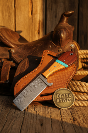 Turquoise Ridge Damascus Bull Cutter with Dual Tone Wood Handle detail view by Divine Knives