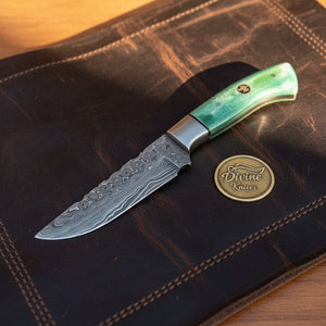 Green Damascus Drop Point Hunter with Mosaic Ricasso Pattern detail view by Divine Knives