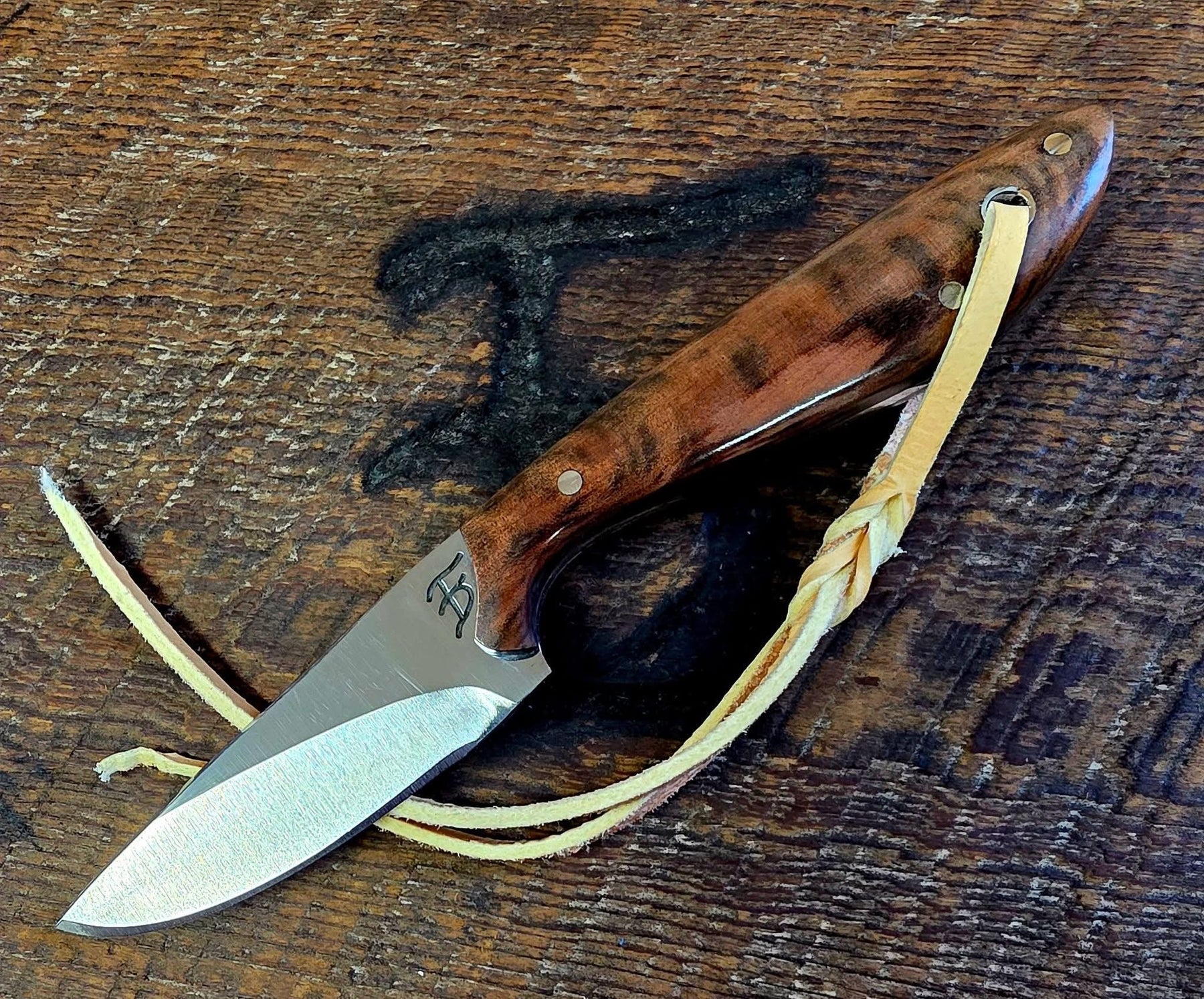 Burl Wood Drop Point Cowboy Skinner with Polished Blade