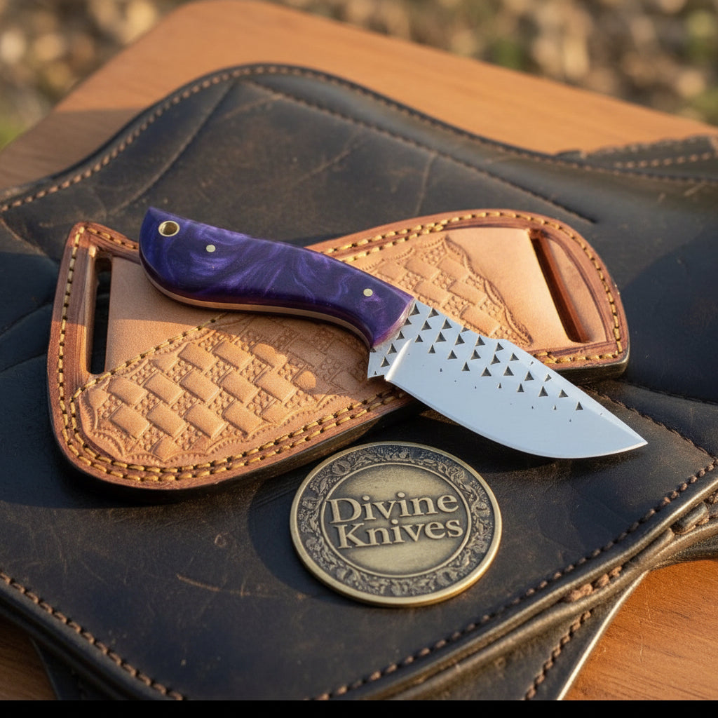 Purple Swirl Resin Rasp Cowboy Knife with product detail, view 4