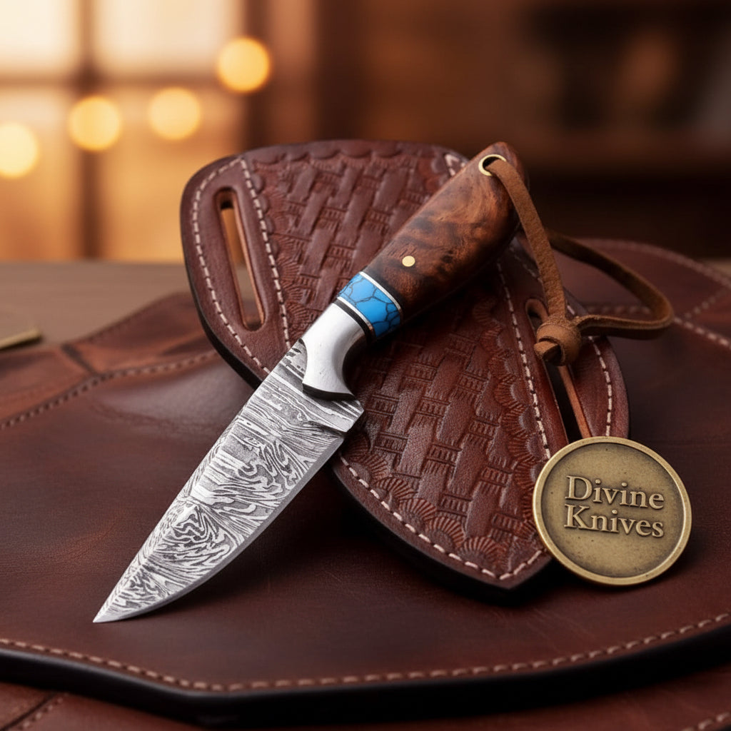 Turquoise Cross Draw Hunting Knife with by Divine Knives