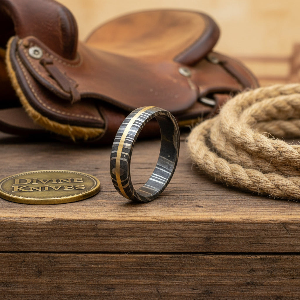 Men's Damascus Wedding Ring with Gold Stripe Inlay by Divine Knives