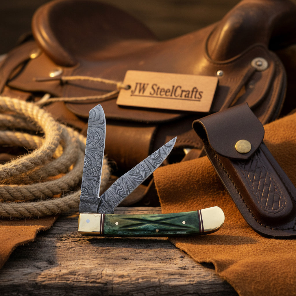 Damascus Trapper Pocket Knife – Two Blade Folding Knife with Green Bone Handle by JW SteelCrafts