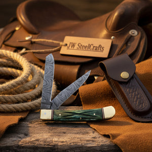 Damascus Trapper Pocket Knife – Two Blade Folding Knife with Green Bone Handle by JW SteelCrafts
