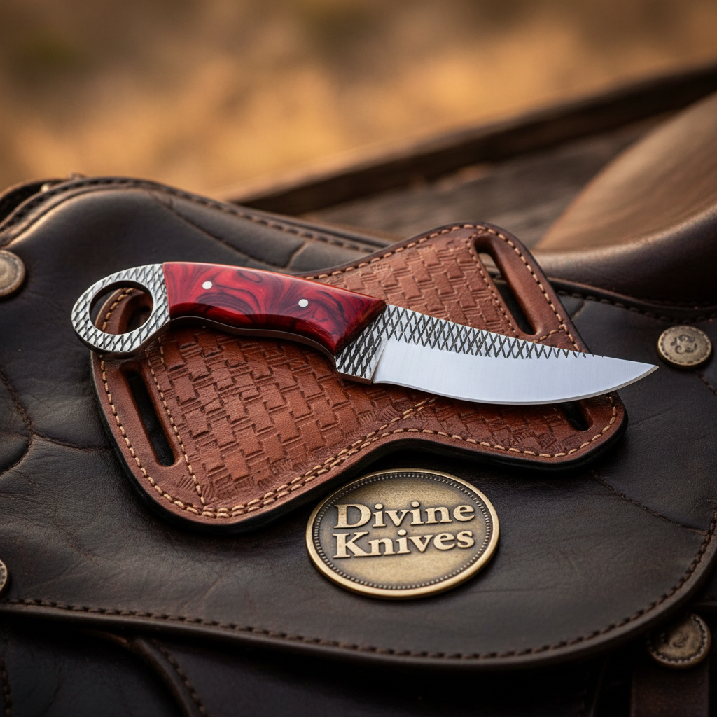 Red Resin Rasp Steel Ring Skinner by Divine Knives