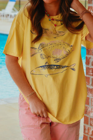 3 Fish Yellow Tee by Southern Bliss Company, Southern lifestyle apparel detail photo 2