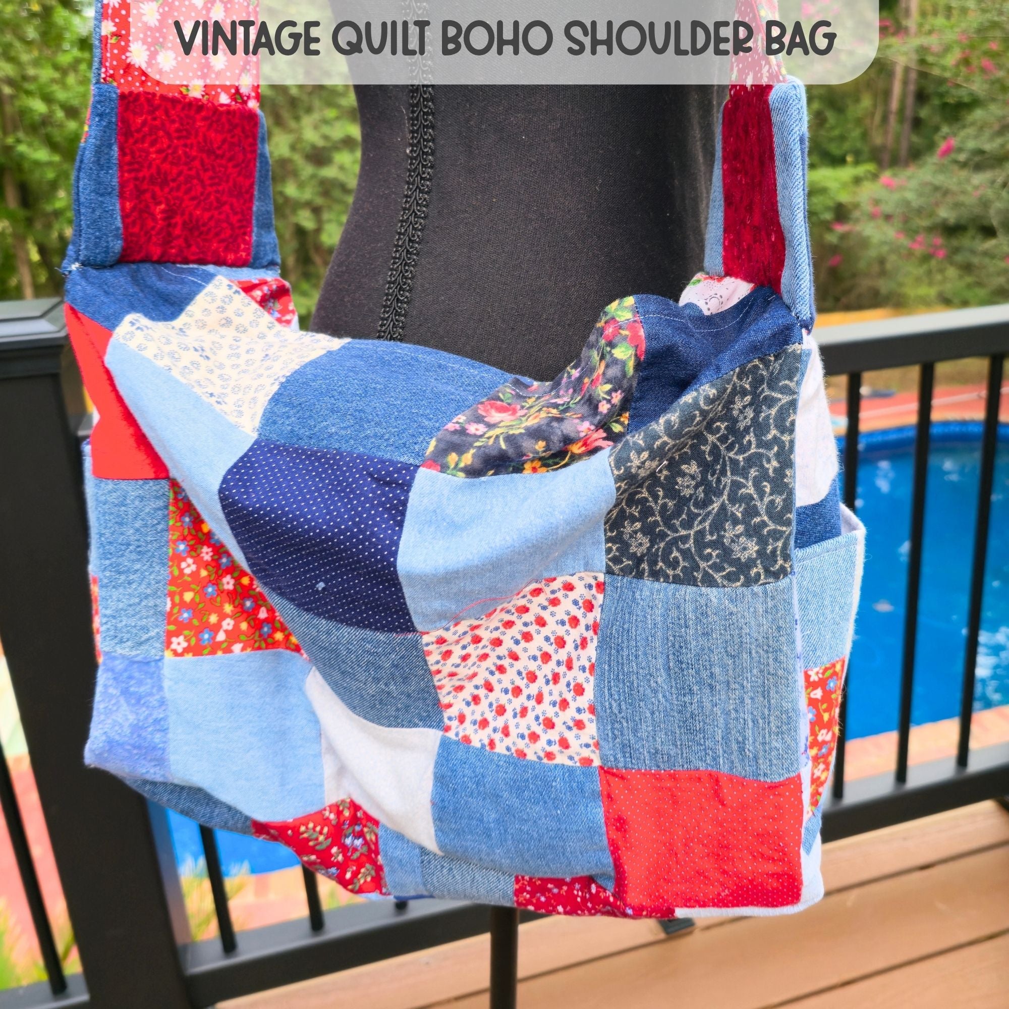Detail view 2 of the upcycled vintage quilt shoulder bag by Maypop House Designs