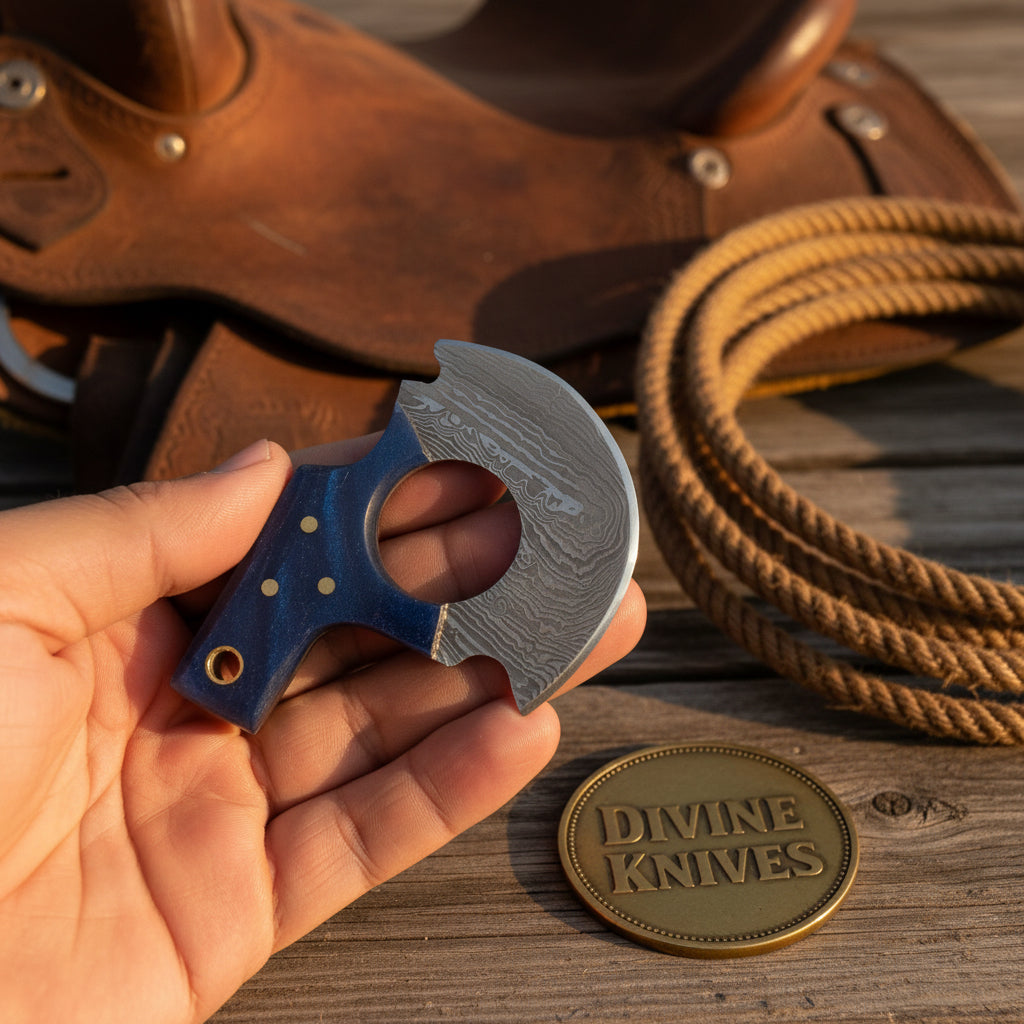 Mini Pizza Cutter Ulu Knife with Wood Grain Damascus Blade by Divine Knives