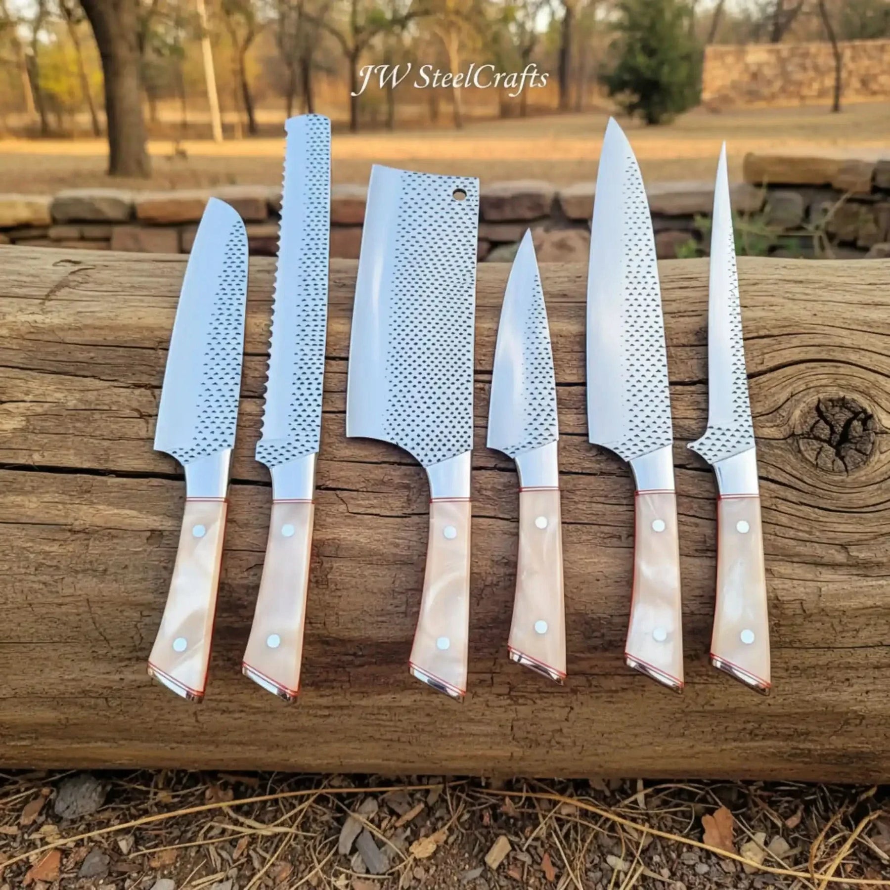 6-Piece Rasp Steel Kitchen Knife Set — Dimple Textured Blades, Cream Resin Handles, Copper Bolsters & Steel Pommels by JW SteelCrafts, Damascus knife main product photo