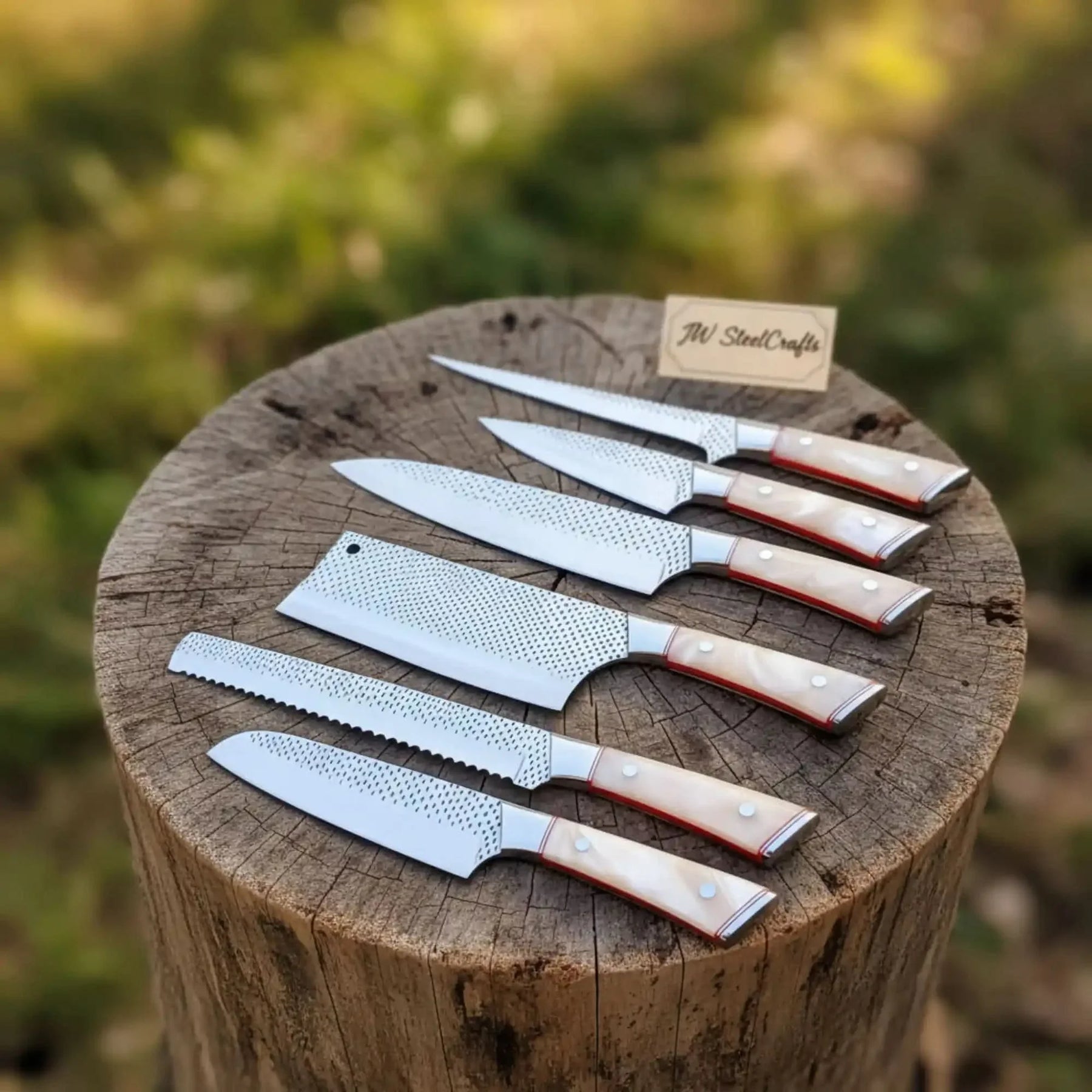 6-Piece Rasp Steel Kitchen Knife Set — Dimple Textured Blades, Cream Resin Handles, Copper Bolsters & Steel Pommels by JW SteelCrafts, Damascus knife detail photo 4