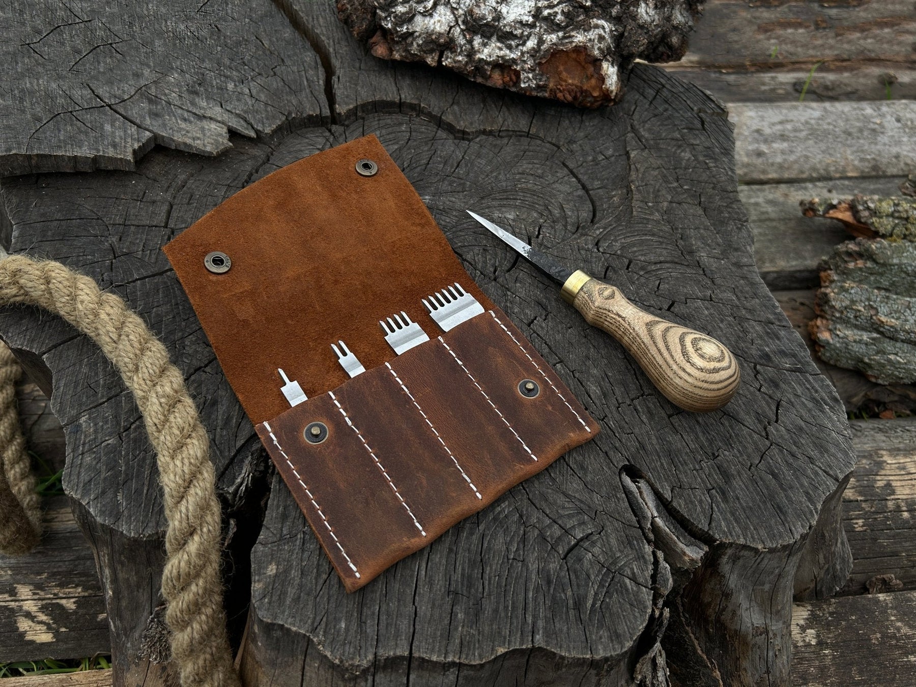4-Piece Diamond Style Leather Pricking Iron and Hand-Forged Awl detail view by Sharky Forged Steel Tools