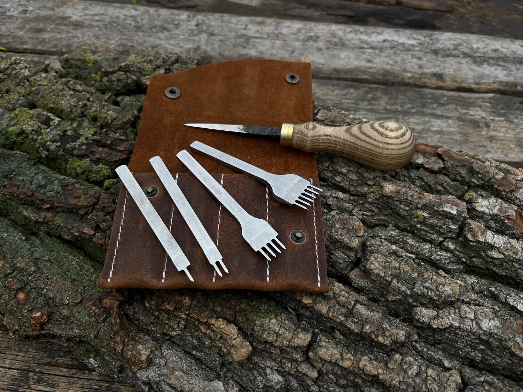 4-Piece Diamond Style Leather Pricking Iron and Hand-Forged Awl by Sharky Forged Steel Tools
