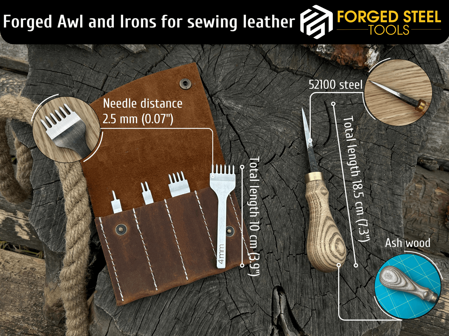 4-Piece Diamond Style Leather Pricking Iron and Hand-Forged Awl detail view by Sharky Forged Steel Tools