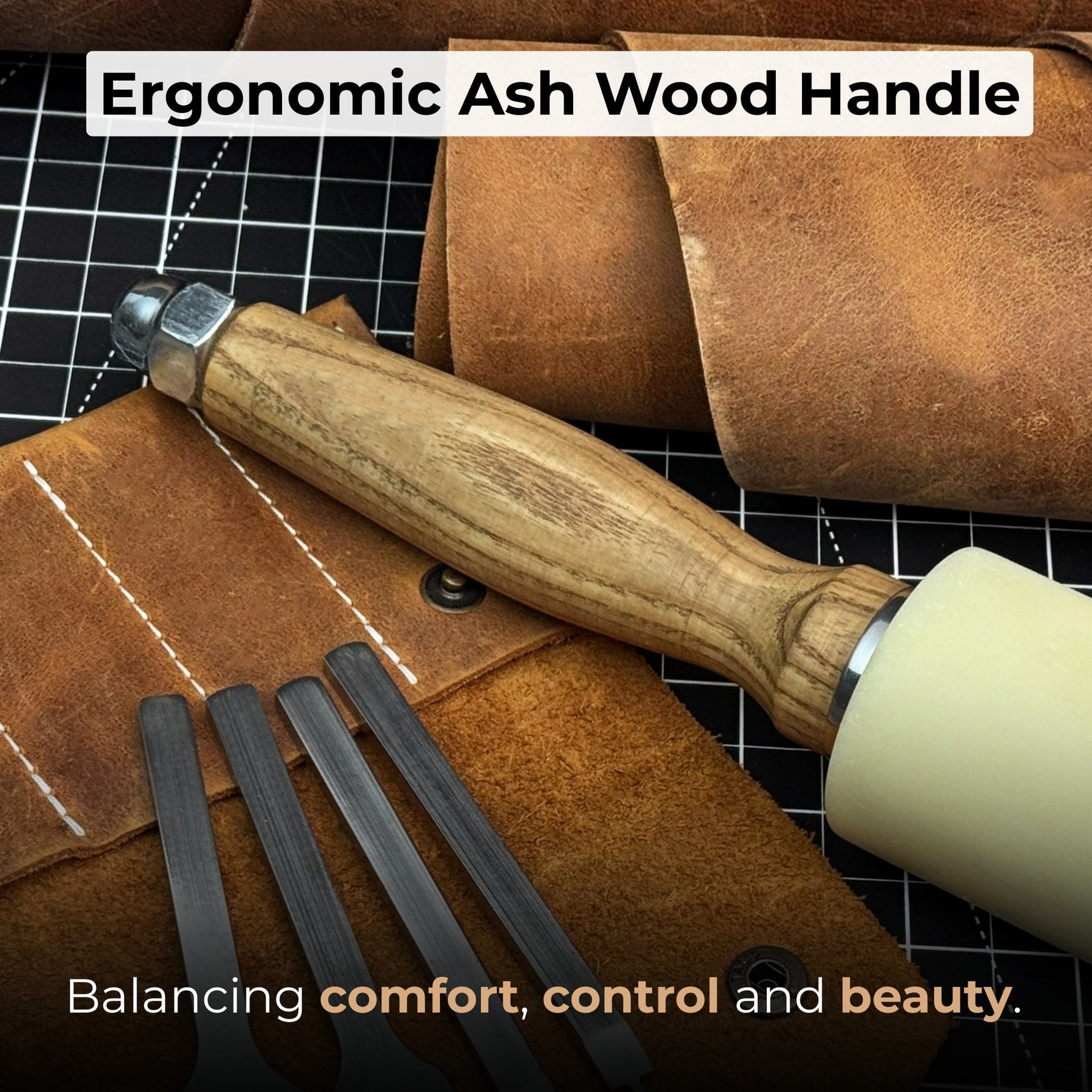 4-Piece Diamond Style Leather Pricking Iron and Leather Nylon Hammer detail view by Sharky Forged Steel Tools