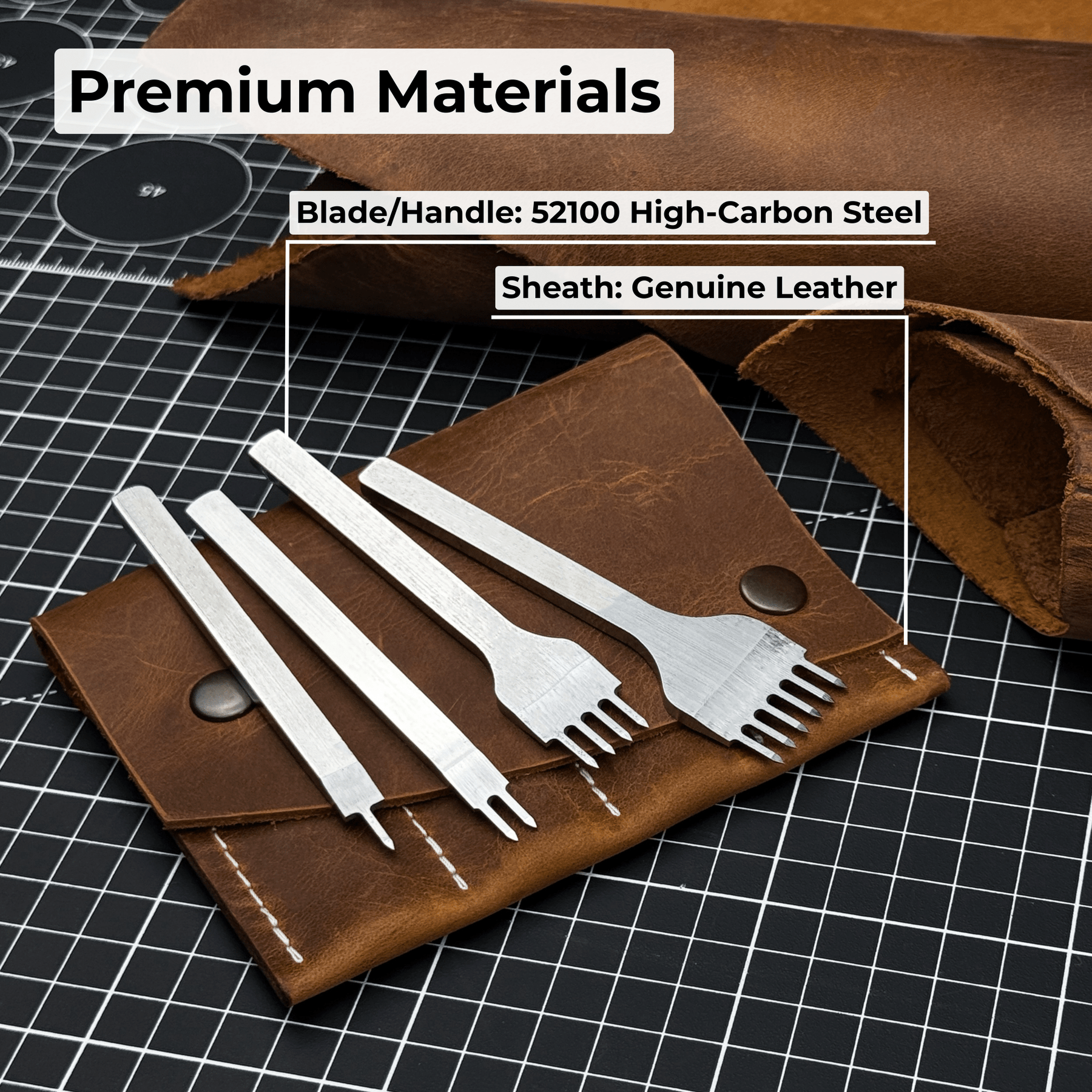 4-Piece Diamond Style Leather Pricking Iron Set, 1, 2, 4, 6 Prongs detail view by Sharky Forged Steel Tools