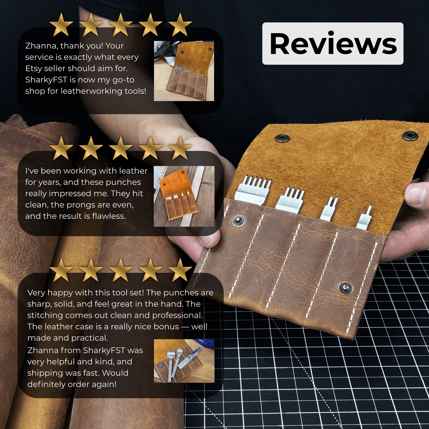 4-Piece Diamond Style Leather Pricking Iron Set, 1, 2, 4, 6 Prongs detail view by Sharky Forged Steel Tools
