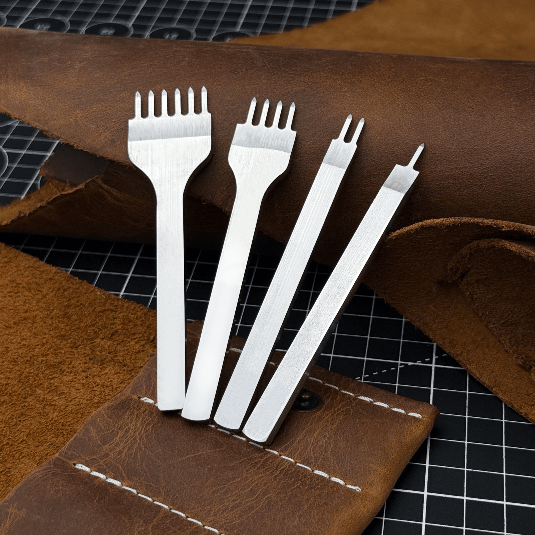 4-Piece Diamond Style Leather Pricking Iron Set, 1, 2, 4, 6 Prongs by Sharky Forged Steel Tools