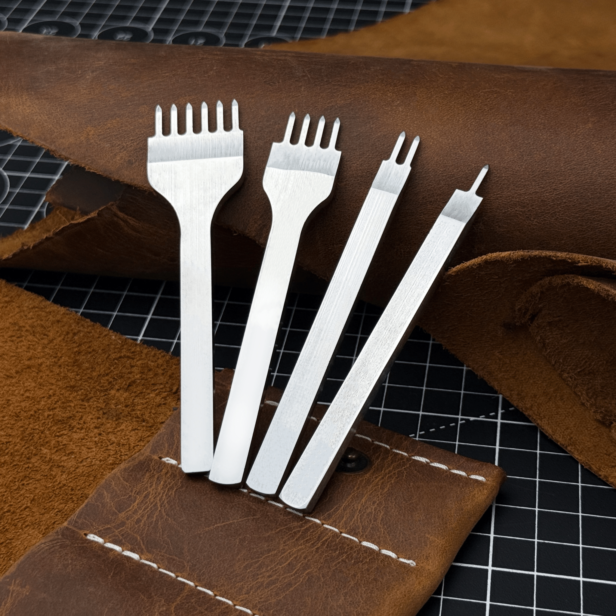 4-Piece Diamond Style Leather Pricking Iron Set, 1, 2, 4, 6 Prongs by Sharky Forged Steel Tools