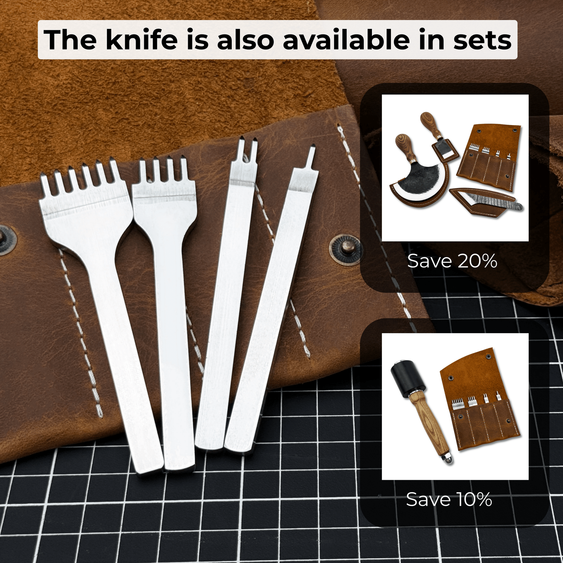 4-Piece Diamond Style Leather Pricking Iron Set, 1, 2, 4, 6 Prongs detail view by Sharky Forged Steel Tools