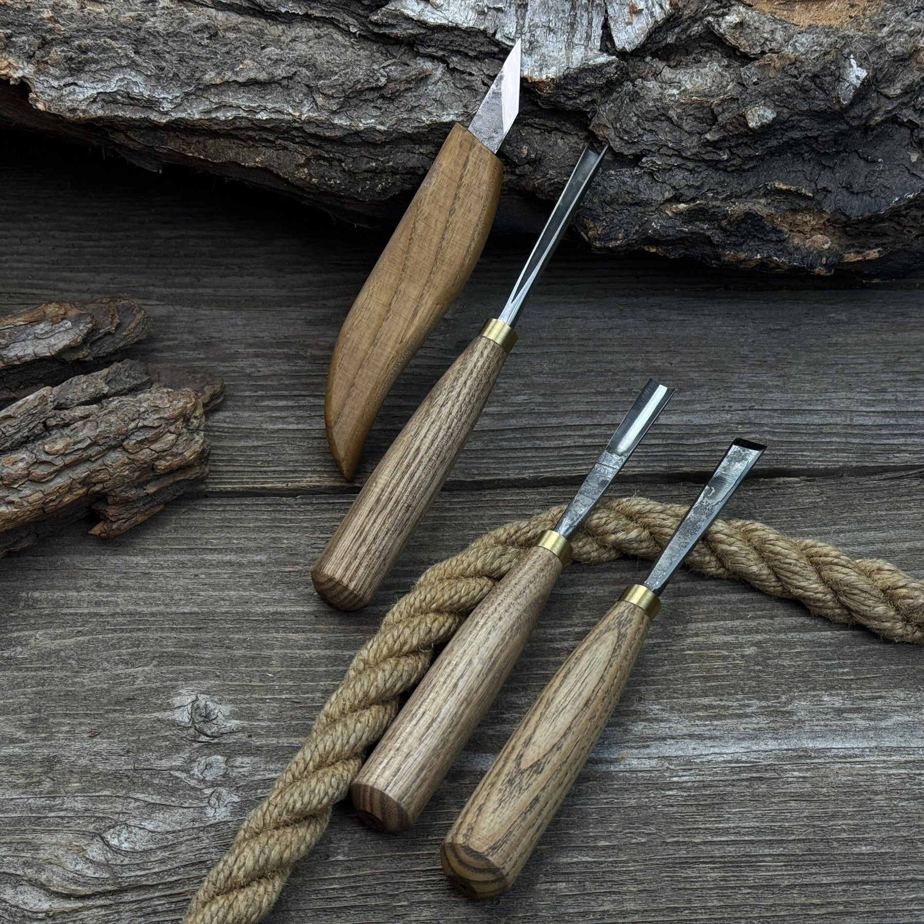 4-Piece Hand-Forged Wood Carving Tool Set detail view by Sharky Forged Steel Tools