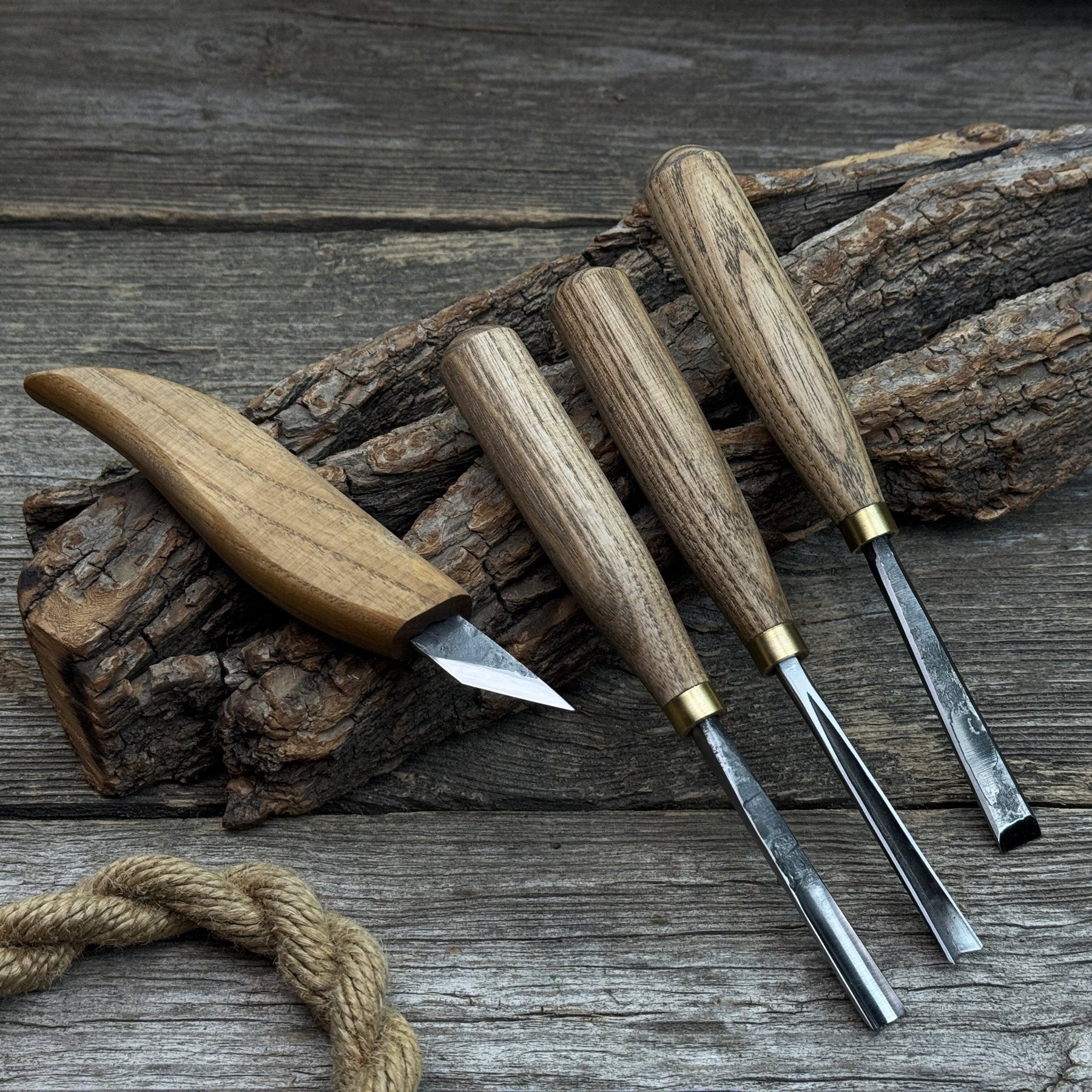 4-Piece Hand-Forged Wood Carving Tool Set detail view by Sharky Forged Steel Tools