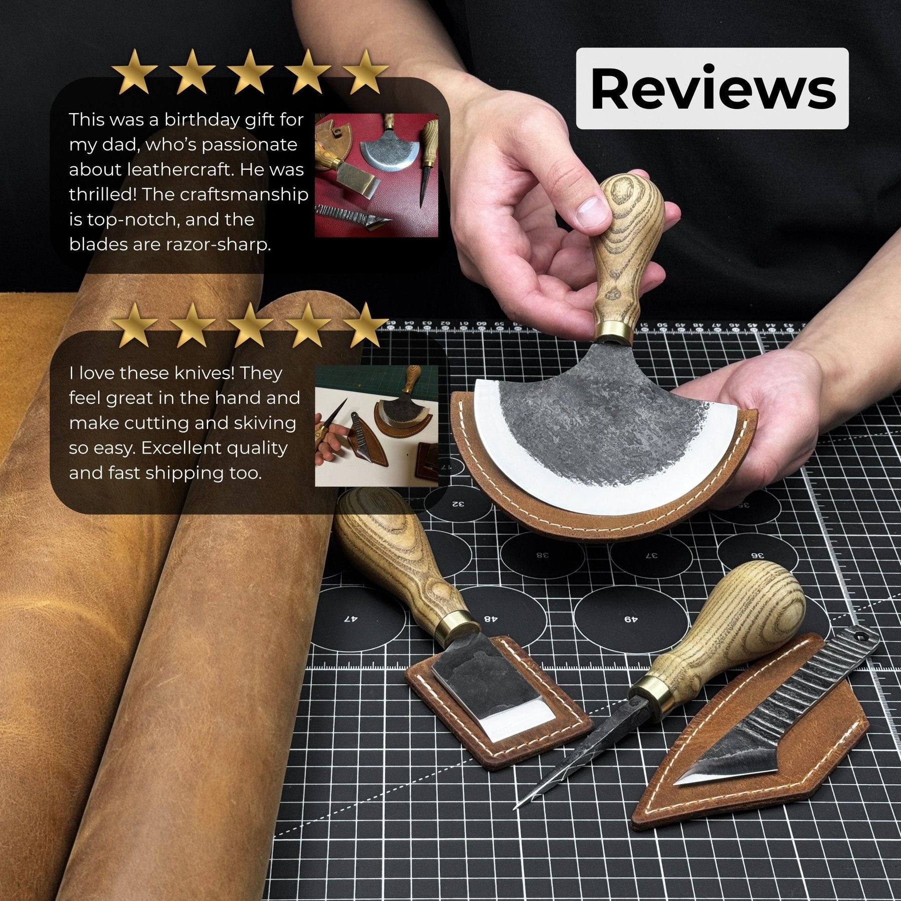 4-Piece Leather Tool Set with Leather Sheaths detail view by Sharky Forged Steel Tools