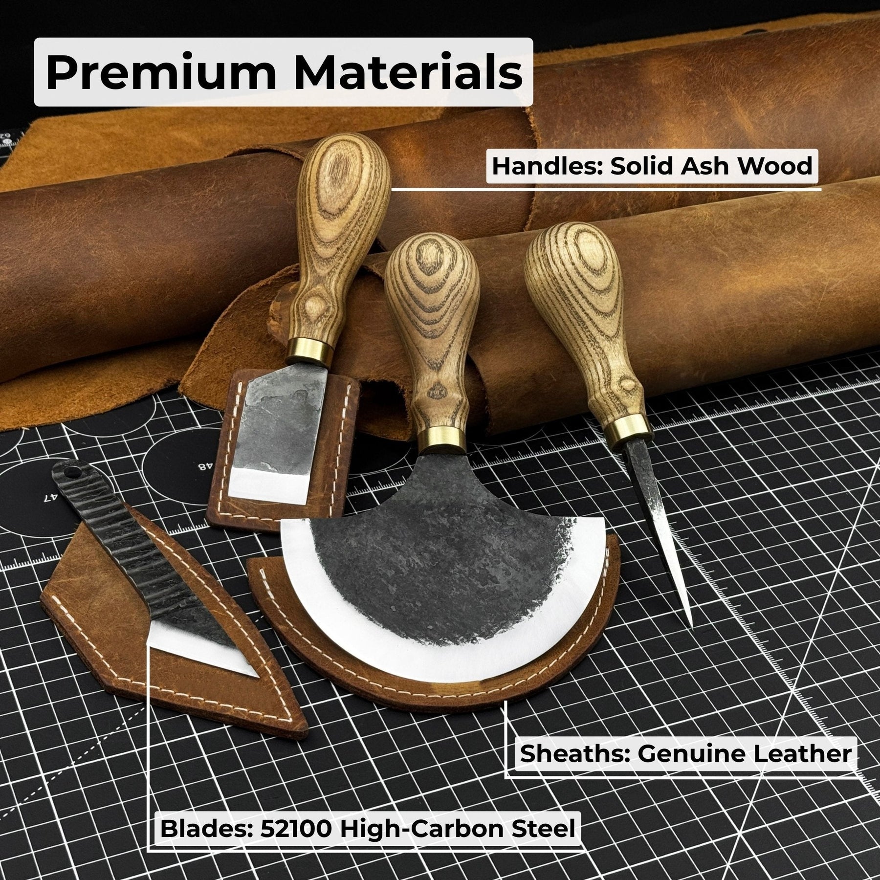 4-Piece Leather Tool Set with Leather Sheaths detail view by Sharky Forged Steel Tools